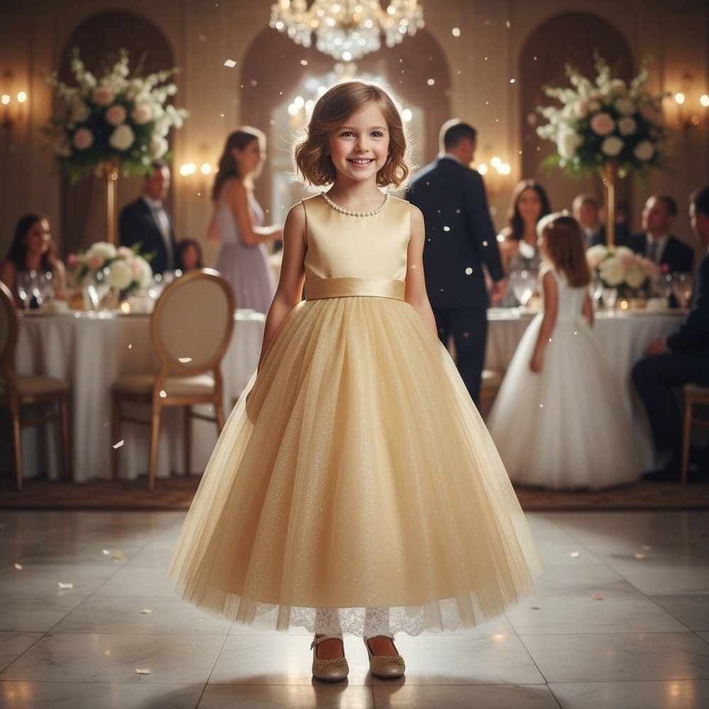 Girls Gold Maxi Gown 8 Sparkle Tulle Detachable Bow Pearls Party Wedding NWT